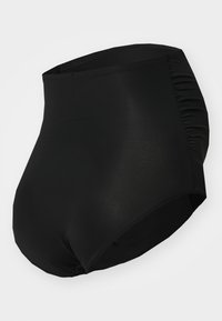 High-waisted zwarte shapewear gemaakt van glad, rekbaar materiaal; bevat gerimpelde details aan de zijkanten en een strakke, naadloze ontwerp.