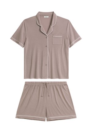 Jasnobrązowy, krótki komplet piżamowy wykonany z miękkiego materiału. Krótki top z kieszonką, białym obszyciem oraz pasujące krótkie spodenki ze sznurkiem.
