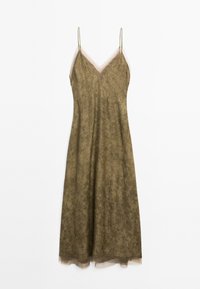 Satin midi dress in olive green with thin straps, V-neck, textured fabric, and layered tulle hem for a soft finish.