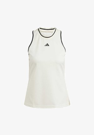 Fehér sportos ujjatlan felső magas nyakkivágással, fekete díszítéssel és egy kis fekete logóval az elején. Lélegző anyagból készült.