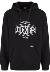 Black hooded sweatshirt made of cotton blend with a front pocket, featuring a white "Dickies" logo and "Quality Workwear" text.