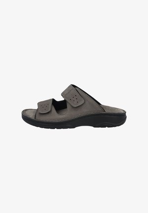 Graue Slide-Sandale mit zwei verstellbaren Klettverschluss-Riemen, strukturiertem Obermaterial und glattem schwarzen Gummisohle. Verfügt über Perforationen an den Riemen für Atmungsaktivität.