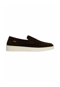Brown suede slip-on shoes with a white rubber sole. Features a streamlined design and minimal stitching accents.