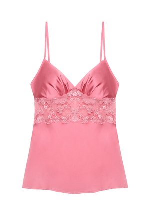 Roze satijnen cami-top met dunne bandjes en kantdetails over de buste en taille, weergegeven op een witte achtergrond.