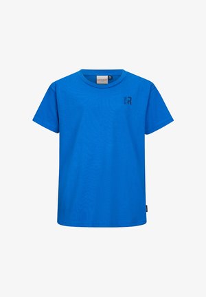 Blauw kinder-T-shirt met korte mouwen, ronde hals en klein zwart "RETOUR" logo linksboven op de borst.