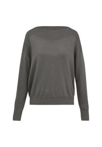 Grijze oversized sweater met een wijd uitgesneden hals, lange mouwen, geribde manchetten en een getextureerd breipatroon. Zachte stof en een relaxte pasvorm.