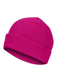 Magenta dzianinowa czapka z prążkowanym splotem, z podwiniętym mankietem i małym detalem logo z boku.