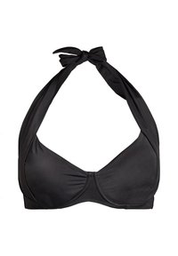 Schwarzes Neckholder-Bikinitop mit Bügelcups und Knotenverschluss am Hals, vor weißem Hintergrund dargestellt.