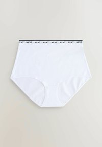 Bijele gaćice visokog struka od pamuka, s crnim elastikom u struku s logom "NEXT". Glatke teksture, dizajn punog pokrivača.