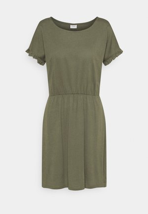Korte olijfgroene jurk met korte mouwen, ruches aan de manchetten, elastische taille en ronde halslijn.