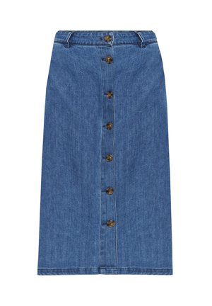 Denimrok met een knoopsluiting aan de voorkant, van middellange lengte, klassieke blauwe kleur, vijf bronzen knopen en een recht model.