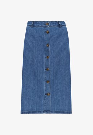 Denim skirt with a front button closure, mid-length, classic blue color, five bronze buttons, and a straight cut design.