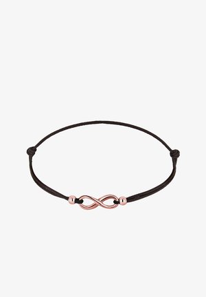 Schwarzes Lederarmband mit einem glänzenden, roségoldenen Unendlichkeitssymbol und zwei passenden Perlen. Minimalistisches Design mit glatter Oberfläche.