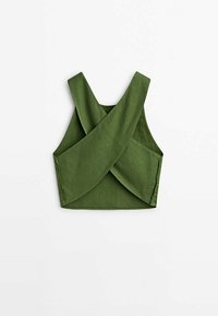 Haut court en lin vert avec un design dos croisé. Comprend de larges bretelles et une coupe nette à l'ourlet, offrant une finition texturée.