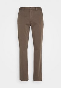 Bruine katoenen chinos met een recht model, vijf-pocketstijl en een sluiting met knoop aan de voorkant. Zachte textuur en gladde afwerking.