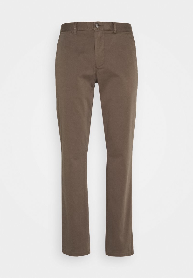 Bruine katoenen chinos met een recht model, vijf-pocketstijl en een sluiting met knoop aan de voorkant. Zachte textuur en gladde afwerking.