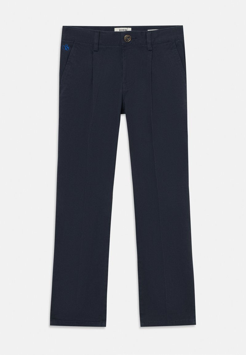 Navy blue trousers made of lightweight fabric, featuring a button closure, two front pockets, and a subtle logo accent on the waistband.