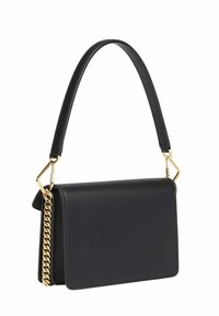 Sac à main en cuir noir au design rectangulaire élégant, doté d'une bandoulière en chaîne dorée amovible et d'une finition lisse et mate.