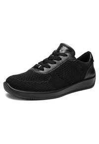 Black low-top sneaker with knit fabric, leather accents, black laces, and a textured rubber sole, shown from a side angle.