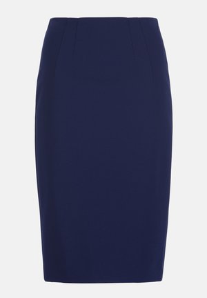 Mørkeblå knælange blyantsnederdel med subtile stikninger og en tætsiddende talje.
