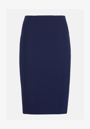 Tengerészkék térdig érő ceruzaszoknya finom szabásvonalakkal és testhez simuló derékpánttal.