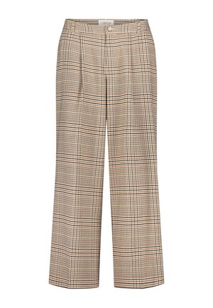 Weite Hose mit kariertem Muster in Beigetönen, Braun und Schwarz, mit einem vorderen Knopfverschluss und ausgeprägten Falten.
