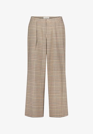Pantaloni a gamba larga con un motivo a quadri in tonalità beige, marrone e nera, con chiusura frontale a bottone e pieghe ben evidenti.