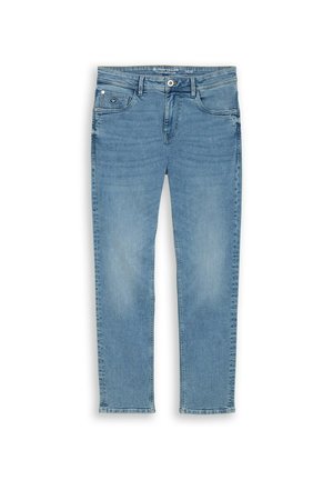 Hellblaue Jeans mit geradem Bein, vorne mit Knopf und Reißverschluss, fünf Taschen und dezenten verblassten Details.