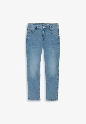 Hellblaue Jeans mit geradem Bein, vorne mit Knopf und Reißverschluss, fünf Taschen und dezenten verblassten Details.