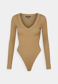 Langärmliger, gerippter Body in Camel-Farbe mit V-Ausschnitt und String-Unterteil, entworfen für eine taillierte Passform.