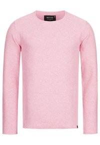 Helles rosa Langarm-Sweatshirt aus strukturiertem Strickmaterial, mit rundem Ausschnitt und einem kleinen Logo-Tag am Saum.