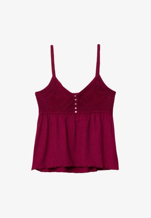 Burgunderfarbene Spaghettiträgerbluse mit verstellbaren Trägern, strukturiertem Häkel-Oberteil, V-Ausschnitt und einem fließenden, gerafften Saum mit fünf metallischen Knöpfen.