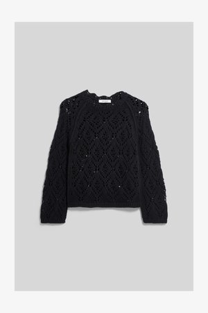 Čierny pletený sveter s dlhým rukávom s diamantovým a kvetinovým vzorom s otvorenou prácou, okrúhlym výstrihom a rebrovanými manžetami a lemom, označený Ivy Oak.