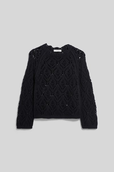 Pull noir en maille à manches longues avec motif ajouré losange et floral, col rond, poignets et ourlet côtelés, étiquette Ivy Oak.