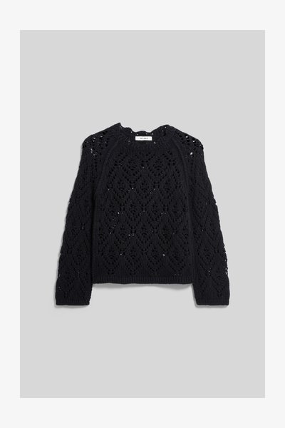 Pull noir en maille à manches longues avec motif ajouré losange et floral, col rond, poignets et ourlet côtelés, étiquette Ivy Oak.