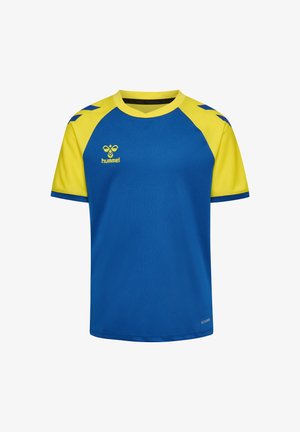 Blå og gul sportstrøje med korte ærmer, lavet af letvægtsstof. Har rund krave og kontrastfarvede skulderstriber.