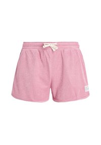 Pantaloni corti in spugna rosa con vita elasticizzata, chiusura con coulisse e tasche laterali. Presenta un piccolo etichetta bianca del marchio sul lato.