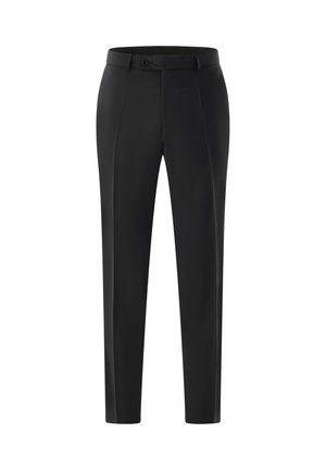 Schwarze taillierte Hose aus glattem Stoff, mit geradem Bein und einem einzigen Knopfverschluss an der Taille.