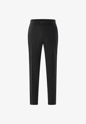 Black tailored trousers made of smooth fabric, featuring a straight leg design and a single button closure at the waist.