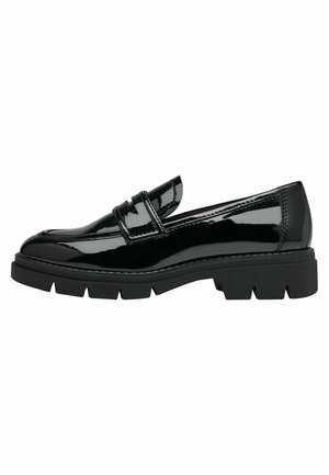 Sort skinnende læderloafers med kraftig rillesål og syningsdetalje over vristen, set fra siden på hvid baggrund.