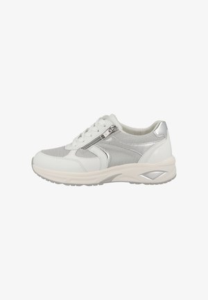 White sneaker with silver accents. Features breathable mesh upper, padded collar, and rubber sole. Side zipper for easy wear.