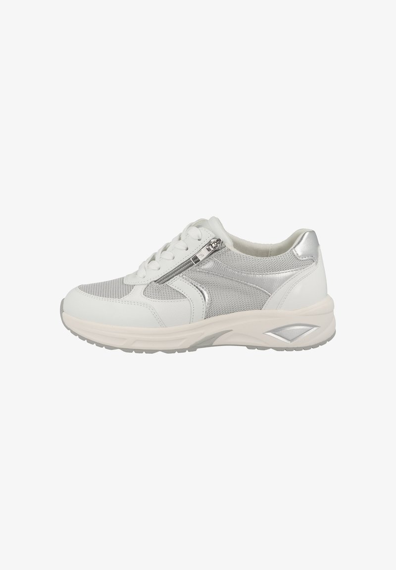 White sneaker with silver accents. Features breathable mesh upper, padded collar, and rubber sole. Side zipper for easy wear.