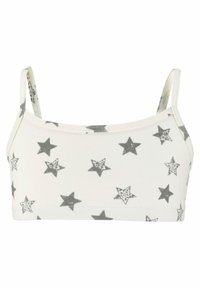 Bralette de algodón en color crema con un patrón de estrellas grises. Presenta tirantes finos y una textura suave. Diseño simple y sin adornos, sin detalles de hardware.