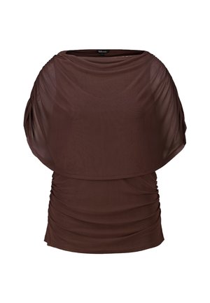 Bruin gerimpeld off-shoulder top met doorschijnend capelet en boothals, ontworpen voor een aansluitend silhouet.