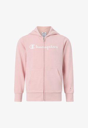 Lichtroze hoodie met ritssluiting, voorzakken, het "Champion"-logo in het wit over de borst en een klein logo op de manchette van de linker mouw.