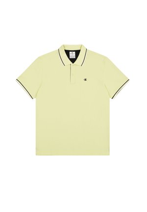 Polo in cotone giallo chiaro, con colletto e polsini a strisce nere, e un piccolo logo ricamato sul petto sinistro.