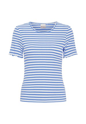 Modré a biele pruhované tričko s krátkymi rukávmi, okrúhlym výstrihom a jemne volánovým lemom. Vyrobené z rebrovanej látky, priliehavý strih.