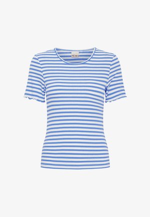 Modré a biele pruhované tričko s krátkymi rukávmi, okrúhlym výstrihom a jemne volánovým lemom. Vyrobené z rebrovanej látky, priliehavý strih.