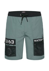 Világoszöld fürdőnadrág fekete gumírozott derékkal, hálós részletekkel és folt részletekkel. Tartalmazza a "C163" és "WATERsports" szöveget.