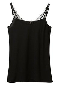 Mustat toppi säädettävillä spagettiolkainilla ja pitsireunuksella kaula-aukossa. Valmistettu kevyestä, sileästä kankaasta rentoon istuvuuteen.